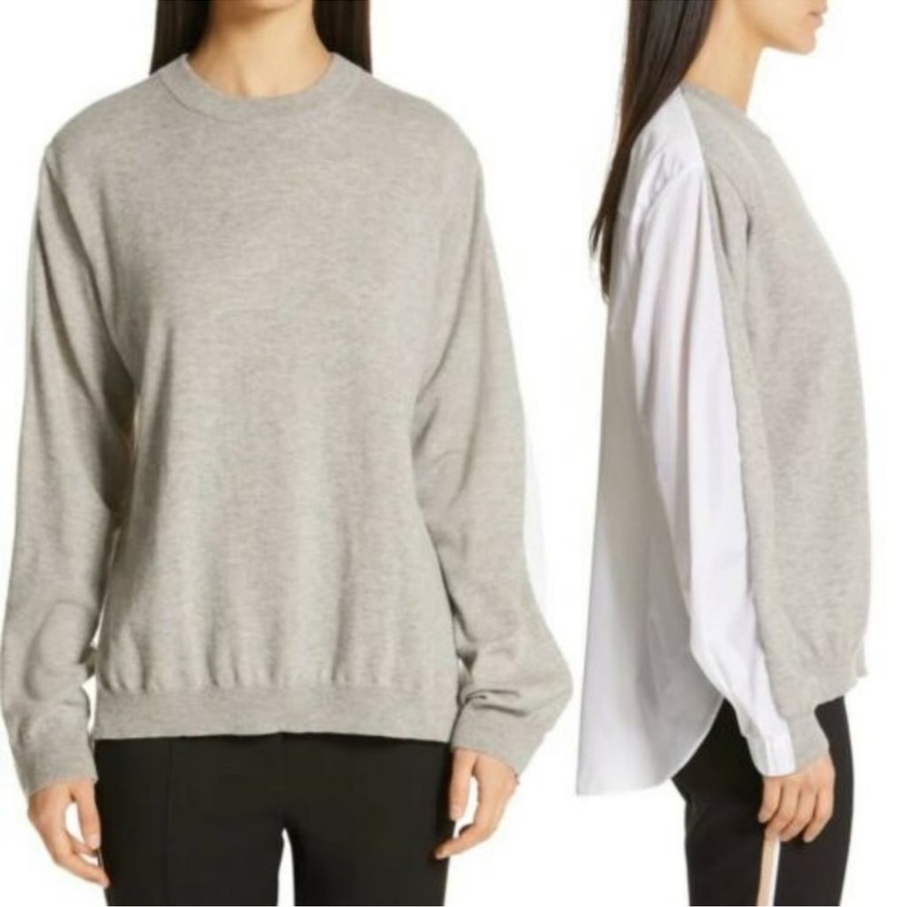 Tibi Mixed Media Merino Wool Blend Top in Gray White M